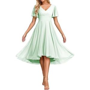 Korte Mouw Bruidsmeisje Jurken voor Bruiloft Hoge Lage Chiffon Formele Avond Party Maxi Gown Thee Lengte AH156, mintgroen, 32