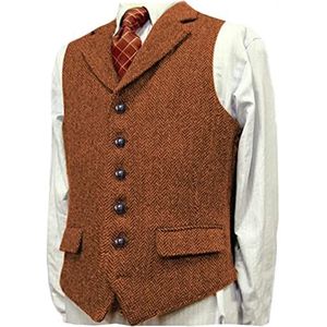 Heren visgraatkostuum tweed gilet Slim fit vintage retro wol vest Casual(Large, Oranje)