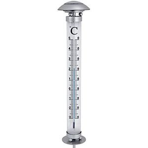 Tuinthermometer op zonne-energie, met ledverlichting, 112 cm groot, koud wit verlicht, buitenthermometer met grondpen, weerbestendig