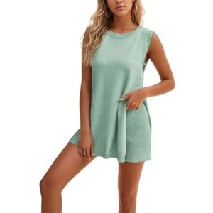 NoNrots Trui Set, Vrouwen Gebreide Pyjama Sets 2-delige Outfits Casual Mouwloze Trui Tank Top en Shorts Strand Set, Groen, M