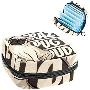 Crazy Pug,Periode Pouch Draagbaar,Tampon Opbergtas,Tampon Houder voor Portemonnee Vrouwelijke Product Organizer, Meerkleurig, 4.7x6.6x6.6 in/12x17x17 cm
