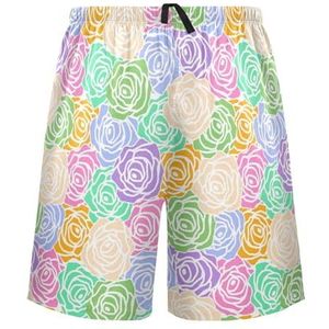 LI ZHI XIN Herenpyjamabroek, korte pyjamabroek, zomer casual shorts, elastische taille met trekkoord, rechte buis losse pasvorm met 2 zakken, S-XXL kleurrijk rozenpatroon, Meerkleurig, S
