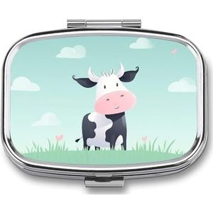 Koe Achtergrond Gedrukt Draagbare Pillencontainer Reizen Pillen Gevallen met Spiegel 2 Compartiment Geneeskunde Doos Decoratieve Metalen Geneeskunde voor Pocket Purse Reizen Dagelijks
