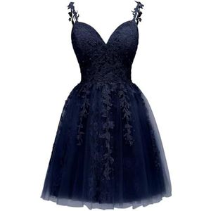 Spaghetti Bandjes Bruidsmeisjes Jurken voor Junioren Kant Applique Avond Cocktail Party Maxi Jurk Mini Lengte AH154, marineblauw, 32