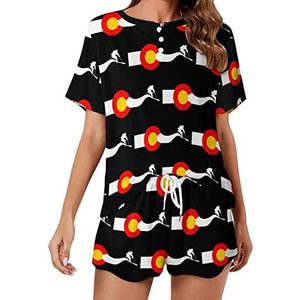 Colorado vlag ski zachte dames pyjama korte mouw pyjama loungewear met zakken cadeau voor thuis strand M