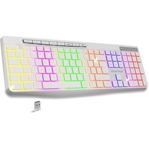 AD ADVANCE - R type, draadloos toetsenbord, stil, oplaadbaar, verlichte ergonomische toetsen, Franse AZERTY-indeling, lange batterijduur, 2,4 GHz verbinding, compatibel met Windows, Mac, PC, wit