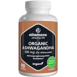 Biologische Ashwagandha capsules high-dose - KSM-66® - 500 mg ashwagandha per capsule, 90 veganistische capsules voor 3 maanden met ashwagandha-wortelextract, zeer biologisch beschikbaar