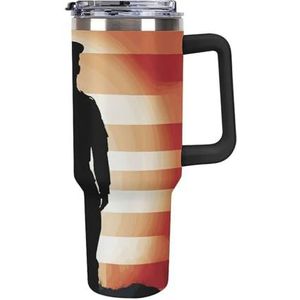 40 oz beker met handvat soldaat groet Amerika vlag roestvrij staal koffiemok herbruikbare reismok lekvrije geïsoleerde autobeker grote capaciteit beker voor reizen, buiten, thuisgebruik (zwart)
