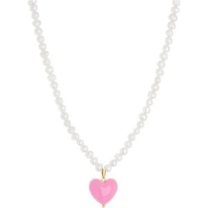 Zilver acryl kralen parelsnoer dames ketting roze emaille hart hanger ketting (Style : White Beads)