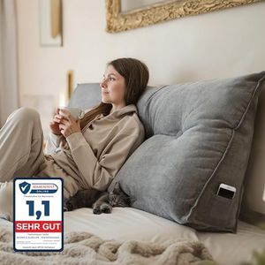 Björn&Schiller rugkussen, Leeskussen voor bed en bank, wigkussen, positioneringsteunkussen, zitkussen, driehoekskussen, groot met wasbare hoes, wigvormig kussen voor op bed (Grijs, 160 cm)