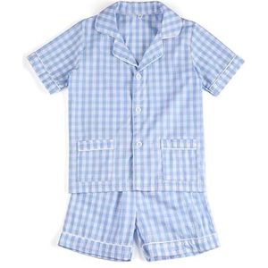 Cartoon pyjamaset for heren en dames, katoenen pyjama met korte mouwen, zomerpyjama, pyjama pyjamabroek (Color : Blue plaid, Size : 6T)