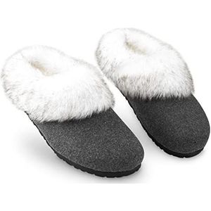 DUNLOP Damespantoffels, pluizige pantoffels voor dames, imitatiebont, huisschoenen, binnen en buiten, houtskool, 38 EU