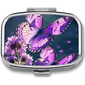 Mooie paarse vlinders pillenetui met 2 compartimenten, pillenorganizer, draagbare vierkante pillendoos, vitaminepillenorganizer voor zakportemonnee en reizen