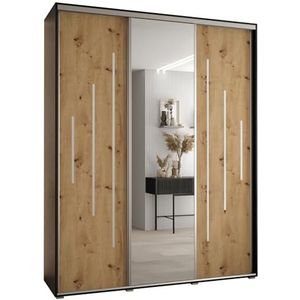 MEBLE KRYSPOL Davos 13 190 Kledingkast met drie schuifdeuren voor slaapkamer - Moderne Kledingkast met spiegel, kledingroede en planken - 235,2x190x45 cm - Zwart Artisan Silver