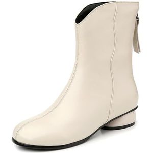 Sekiueo Dames Cowboylaarzen Halfhoge Ronde Neus Westernlaarzen Met Dikke Lage Hak En Rits,Beige,34 EU