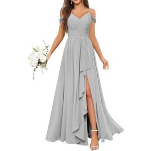 Chiffon bruidsmeisjesjurken voor dames, met split, lange baljurken, cocktailjurken, grote maten, Zilver, 32