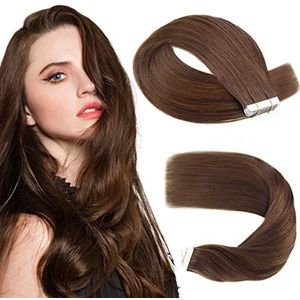 Sassina Tape-in extensies, Remy-haar, chocoladebruin, onzichtbare huidlaag, rechte tape in menselijk haar, dik tot in de punten, 20 stuks, 50 g, 35 cm