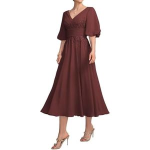 HPPEE Damesjurk voor dames, lange jurk voor moeder van de bruid met kant, applicatie, pofmouwen, chiffon, formele avondjurk, Bordeaux, 32