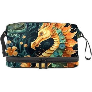 Dubbele Laag Cosmetische Tas Zeepaardjes Groen Patroon Draagbare Make-up Tas Reizen Organizer Pouch voor Vrouwen Meisjes Toiletartikelen Tassen, Multi 10, 27x15x14 cm/10.6x5.9x5.5 in, Make-up zakje