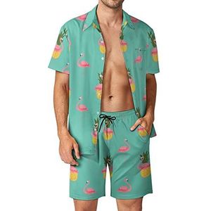 Kleurrijke Roze Flamingo En Ananas Mannen Hawaiiaanse Bijpassende Set 2 Stuk Outfits Button Down Shirts En Shorts Voor Strand Vakantie