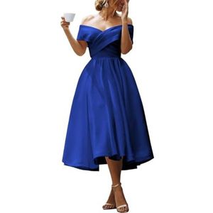 KURFACE Satijnen baljurk voor dames met zakken, A-lijn baljurk off-shoulder theelengte, formele feestjurk, koningsblauw, 32