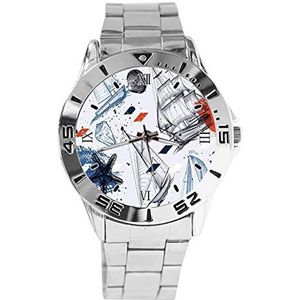 Retro Zeilen Mode Heren Horloges Sport Horloge Voor Vrouwen Casual Rvs Band Analoge Quartz Horloge, Zilver, armband
