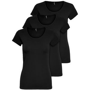 ONLY 15209153 T-shirt, dames, 3 stuks, zwart of wit, korte mouwen, lang, basic, zomer, XS-XL, zwart, S