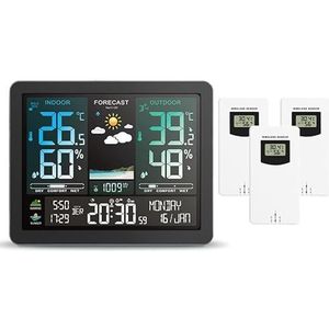 Multifunctioneel weerstation Wekker Kleurenscherm Zonsopgang- en zonsondergangthermometer Hygrometer met draadloze buitensensor,Nauwkeurig voorspellen(With 3 White Sensor)