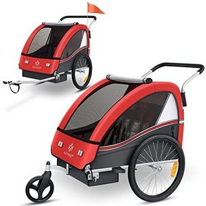 KESSER® Kinderfietskar Sport-RX 2-in-1, fietsaanhanger voor 1 tot 2 kinderen, max. 40 kg | 5-punts-veiligheidsgordel, 360 graden draaibaar voorwiel, jogger, Rood