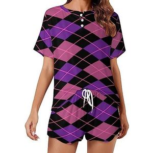 Roze Paars Argyle Diamanten Mode 2 Stuks Dames Pyjama Sets Korte Mouw Nachtkleding Zachte Loungewear Stijl-30