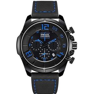 Outdoor Heren Business Casual polshorloge, grote gezicht wijzerplaat roestvrijstalen analoge kwarts waterbestendige chronograaf, lederen band luxe horloge,Black and blue a4