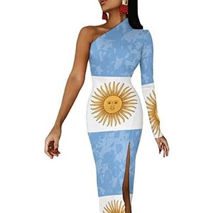 Retro Argentijnse vlag vrouwen halve mouw jurk avondfeest lange jurken cocktail split bodycon jurk M