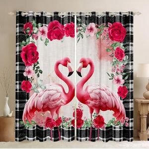 Homemissing Valentijnsdag raamgordijnen voor slaapkamer woonkamer voor meisjes jongens volwassen roze flamingo's raamgordijnen zwart wit geruite gordijnen romantische kunst raambehandelingen B 46 x 72