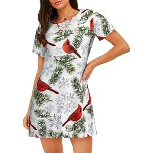 Zelinge Korte Mouw Nachtjapon Nachtshirt Slaap Jurk Dames Nachtkleding S-3XL, Vogels Rood Groen Xmas, L