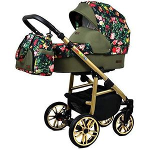 Kinderwagen 3 in 1 complete set met autostoeltje Isofix babybad babydrager Buggy Colorlux Gold van ChillyKids Roses Tulips on Black 2in1 zonder autostoel