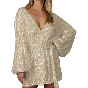 UPPJPBSW Dames Glitter Pailletten Mini Jurk - Sexy Diep V-Hals Lantaarnmouw Taille Met Ceintuur Avondfeest Cocktailjurk,Beige,3XL