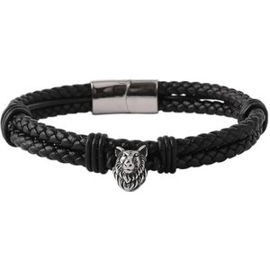 Mannen Vrouwen Viking Wolf Lederen Armband - Dubbellaags RVS Wolf Hoofd Leer Gevlochten Polsband - Nordic Vintage Fenrir Animal Amulet Pagan Sieraden (Color : Silver_19CM)