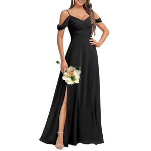 HPPEE Dames koude schouder V-hals chiffon bruidsmeisjes jurken met split geplooide formele jurk avondjurk, Zwart, 32