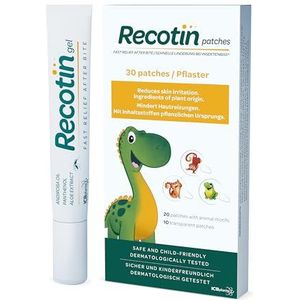 RECOTIN Insectenbeetgenezer-set, 100% natuurlijke werkzame stoffen, steekgenezer-set, 30 x muggenpleisters en afterbite gel, vakantiemust haven, kinderpleister bij steekmuggen, bijen, muggenbeten