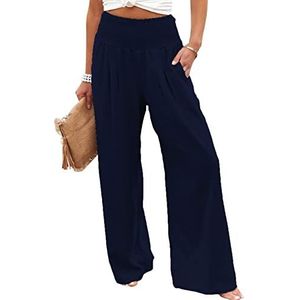 Brong Linnen broek voor dames, elastische hoge taille, comfortabele strandbroek met zakken, marineblauw, L