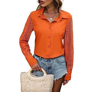 dames topjes Contrasterend kanten overhemd met knopen aan de voorkant (Color : Orange, Size : Small)
