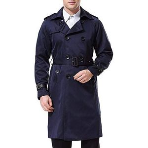 AOWOFS Trenchcoat voor heren, lange dubbele rij knopen, slim fit, overjas, militaire trenchcoat met riem, marineblauw, XL