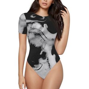 ELSMZXZD Bodysuit met korte mouwen voor dames - marmeren textuur. Bedrukte ronde hals bodypak, rekbaar T-shirt top, casual slim fit turnpakje, 3 D, S