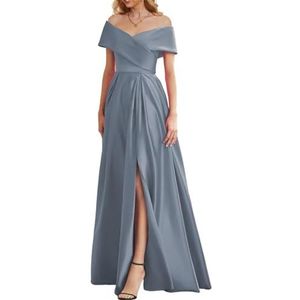BRIGOW Satijnen bruidsmeisjesjurk voor bruiloft met split mouwloze galajurken plooien cocktailjurk grote maten, Dusty Blauw, 32