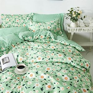 FANSU Beddengoedset met bloemen, 4-delig voor jongens- en meisje-, tweepersoonsbed, eenpersoons bed, microvezel dekbedovertrekset, 2 x kussenslopen, 1 x dekbedovertrek, 1 x plat laken (groene bloem,