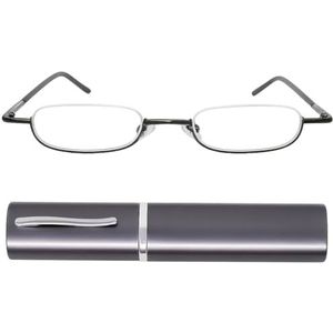 Mini Brille® Smalle Metalen Mini Half Frame Leesbril, Metaal Frame (Grafiet), GRATIS Slim-Fit Aluminium Koker, Halve Maan Leesbril Mannen en Vrouwen +1,5 Dioptrie