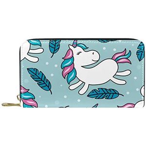 Vrouwen Zip Rond Portemonnee en Telefoon Clutch, Leuke Cartoon Eenhoorn Blad Patroon, Reistas Lederen Clutch Bag Kaarthouder Organizer Polsbandjes Portefeuilles, Meerkleurig, 8.07x1x4.53 in