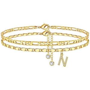 Ursteel Enkel Armbanden voor Vrouwen, 14 K Vergulde Sierlijke Gelaagde Figaro Ketting CZ Initiële Enkelbanden Set Zomer Sieraden Geschenken Voor Vrouwen Tiener Meisjes, Metaal