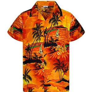 King Kameha Hawaïhemd voor heren, funky hemd met korte mouwen en borstzakje, met surfprint, Surf Orange, 6XL
