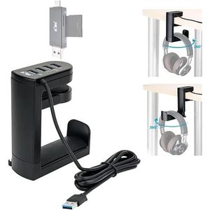 KIWIFOTOS Hoofdtelefoon Standhouder Met 4 Usb-poorten,360 ° Roterende Verstelbare Springed Clamp Headset Bureauhaak,Hoofdtelefoon Hanger Met Kabelclip Voor Gaming Headset